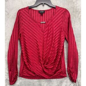 A Byer Women's Twist‎ Front Top Sz M Red Striped Ruched Long Sleeve